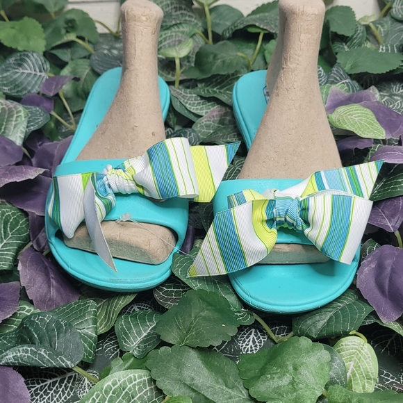 OKAL Slides Rubber Sandals  w striped Bow sz Small 5.5-6.5 - Picture 1 of 4